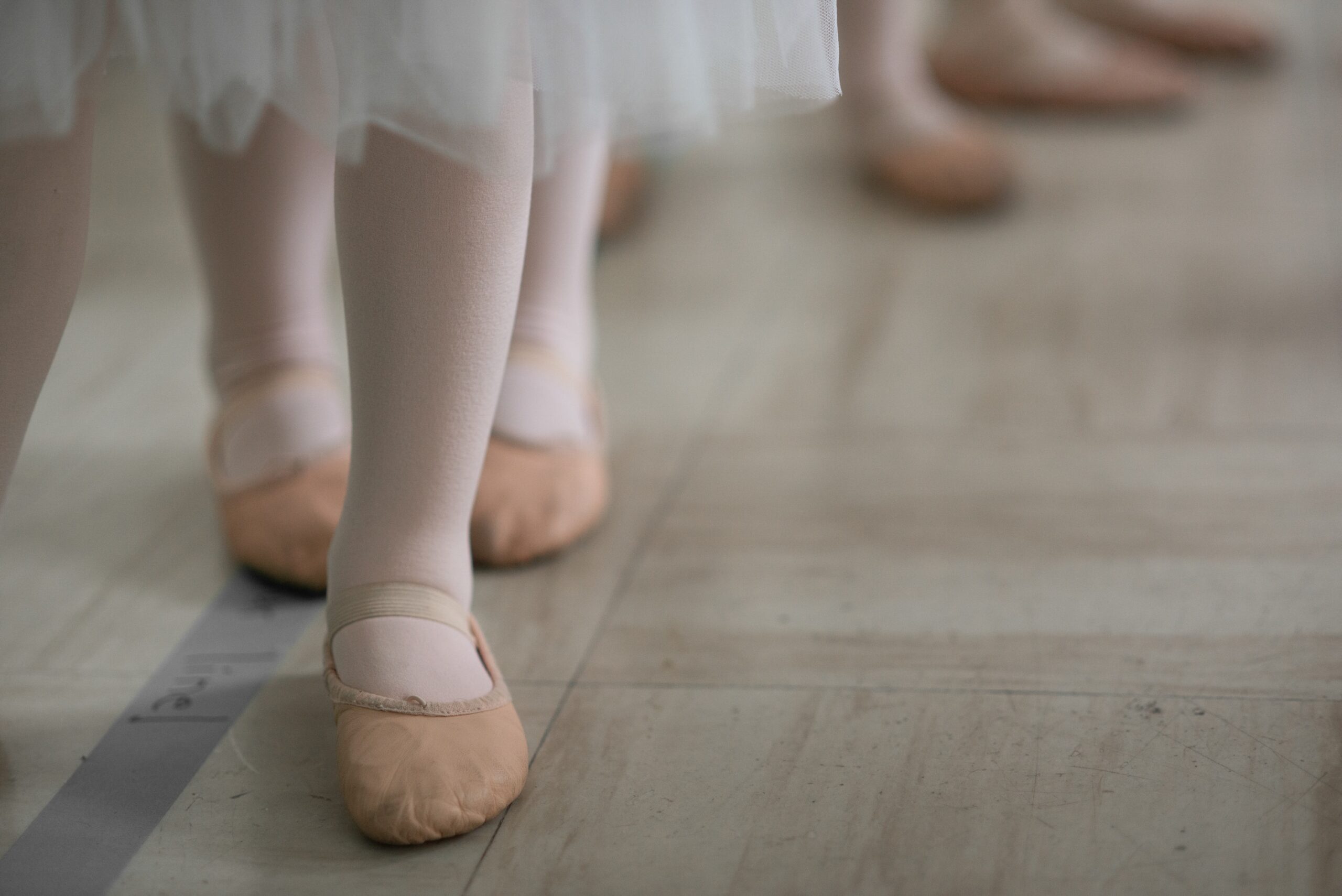 Feet of ballerinas lined up in ballet slippers and pink tights